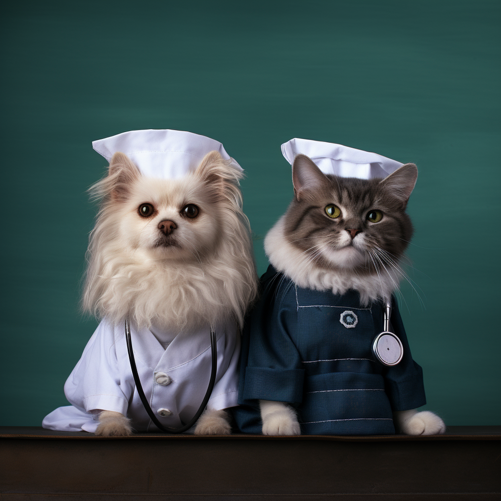 Cute cat and dog in nurse and doctor uniforms