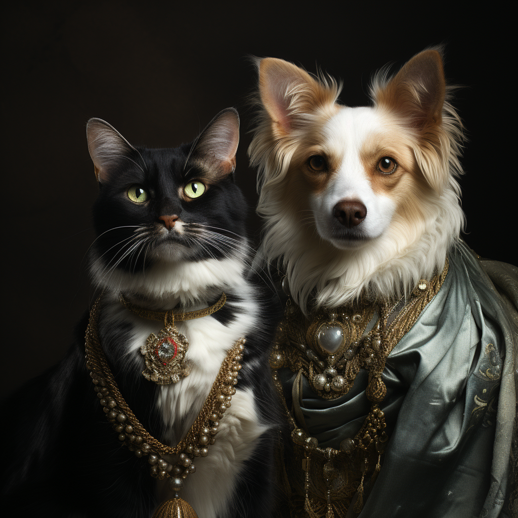 Cat and dog in a Renaissance-style portrait