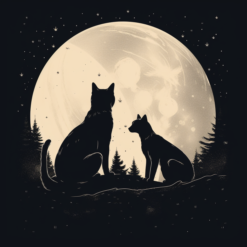 Silhouette of cat and dog under moon