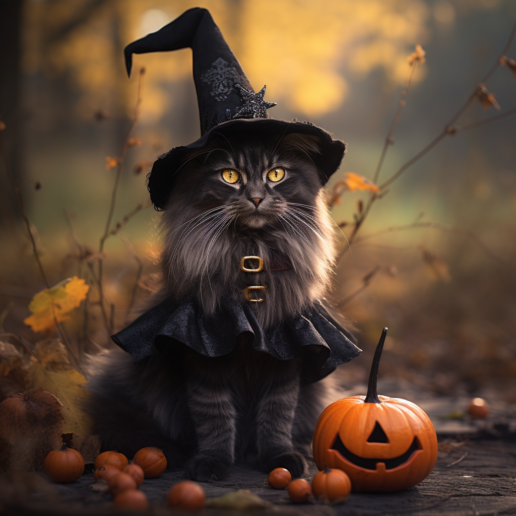 Adorable cat dressed as witch trick or treating