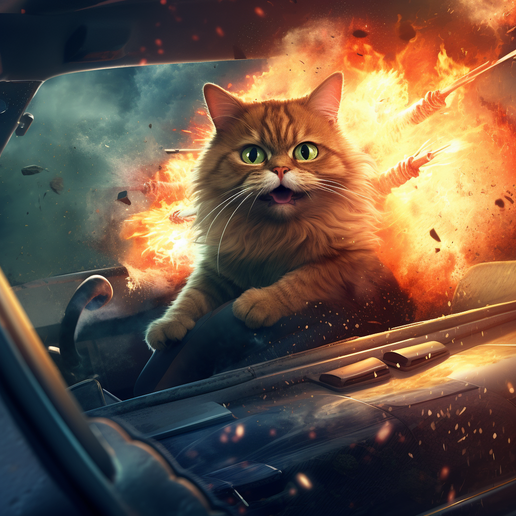 Cunning cat behind the wheel of explosive getaway car