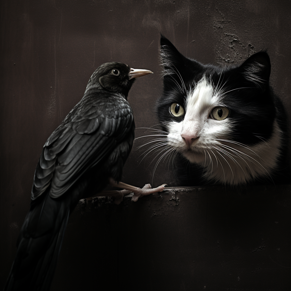 Cat eating bird in black and white