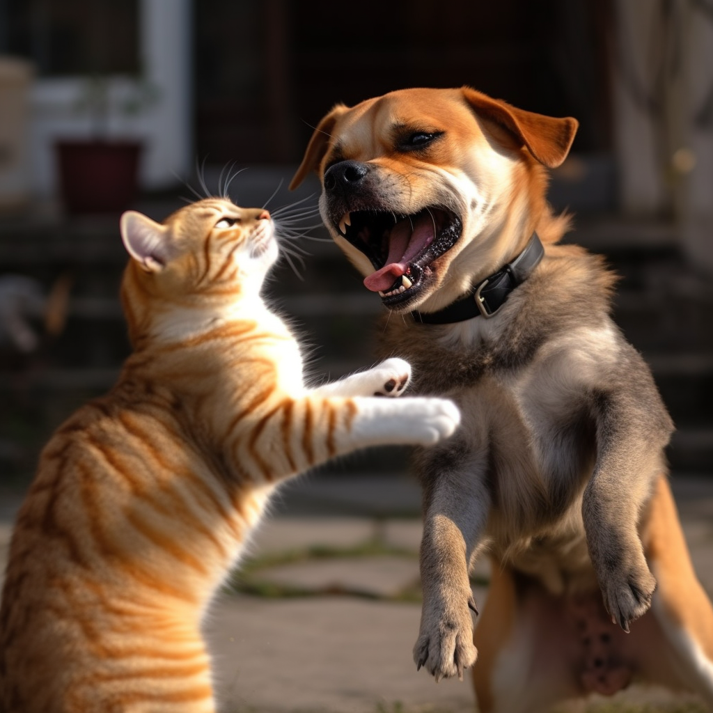 Cat and dog in heated fight