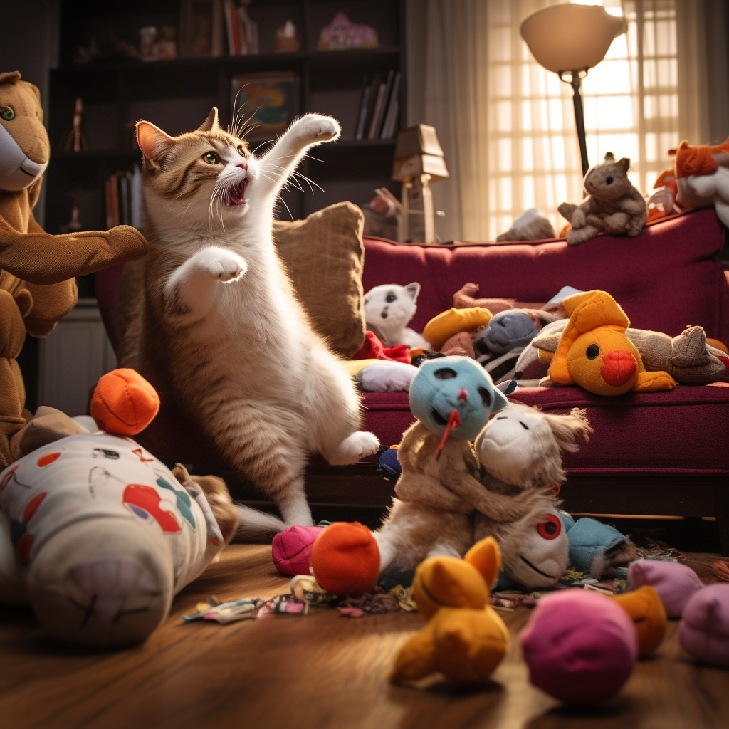 Cat playfully attacking plushies on the living room floor