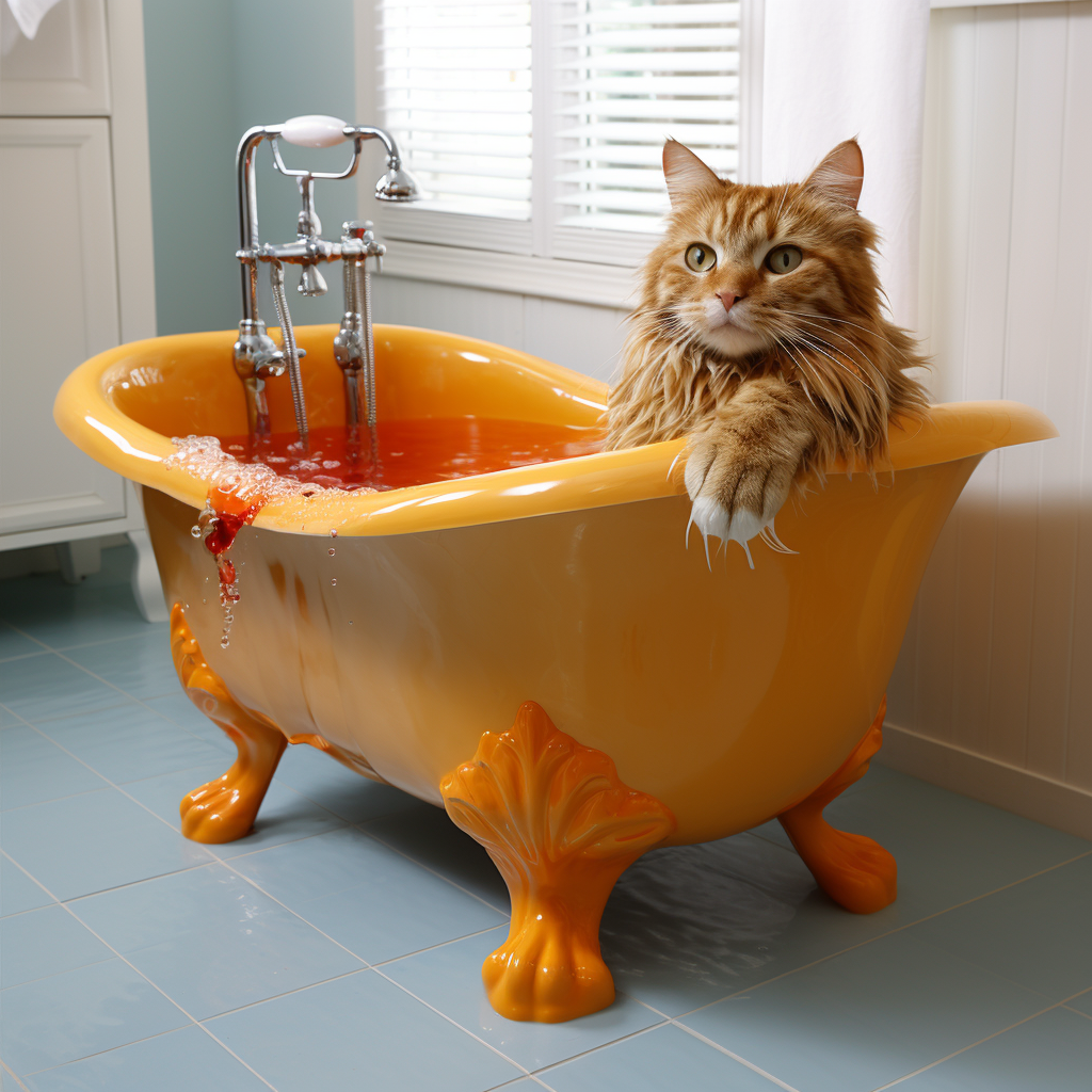 Adorable cat soaking its foot in a bathtub