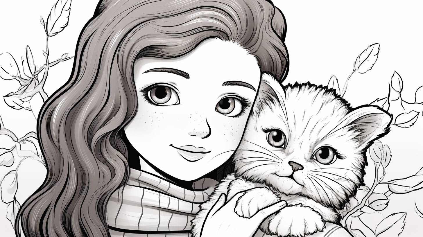 Illustration of girl holding cat in colorbook