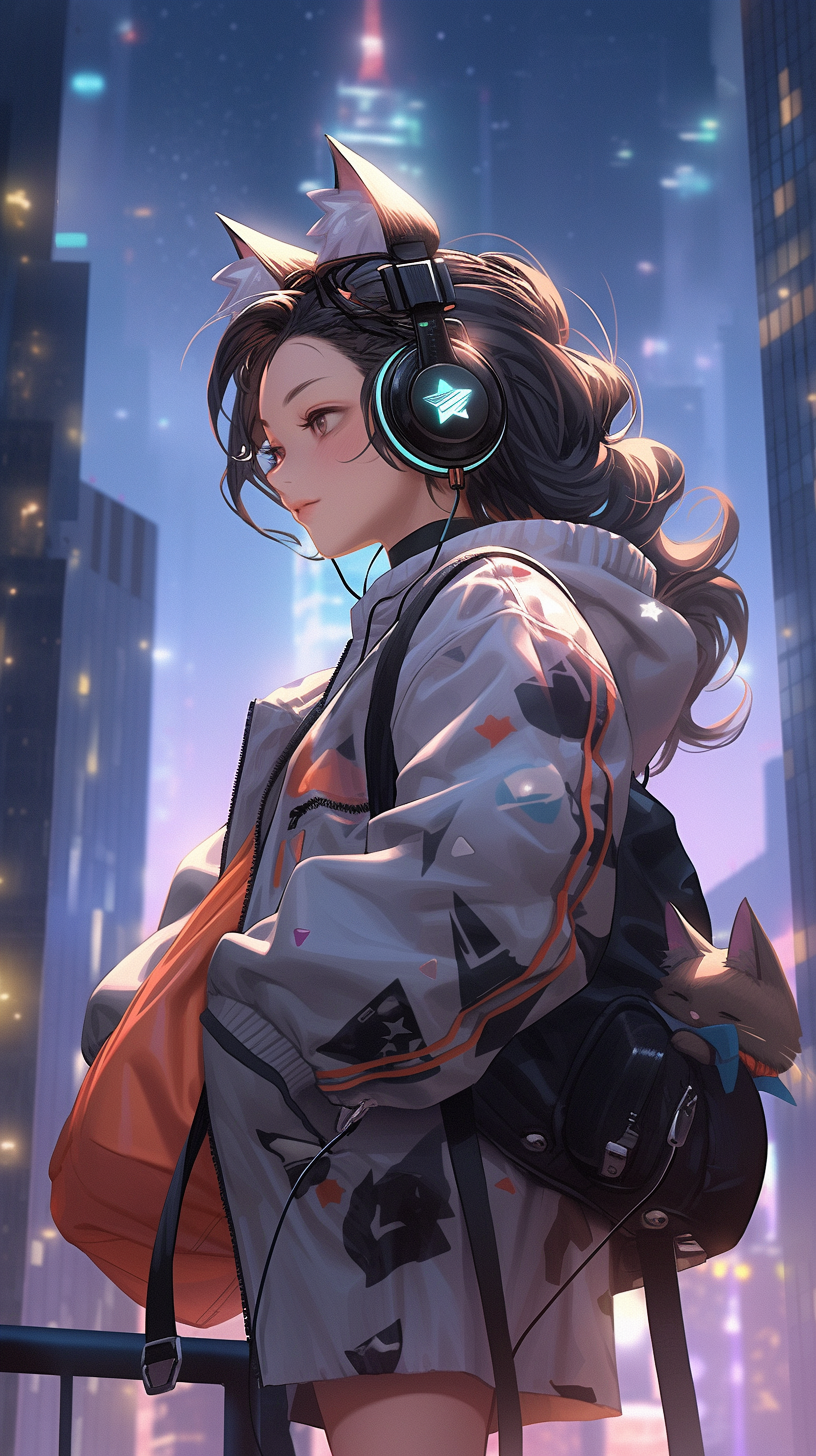 Cat girl wearing headphones on platform with high-rise buildings and meteors