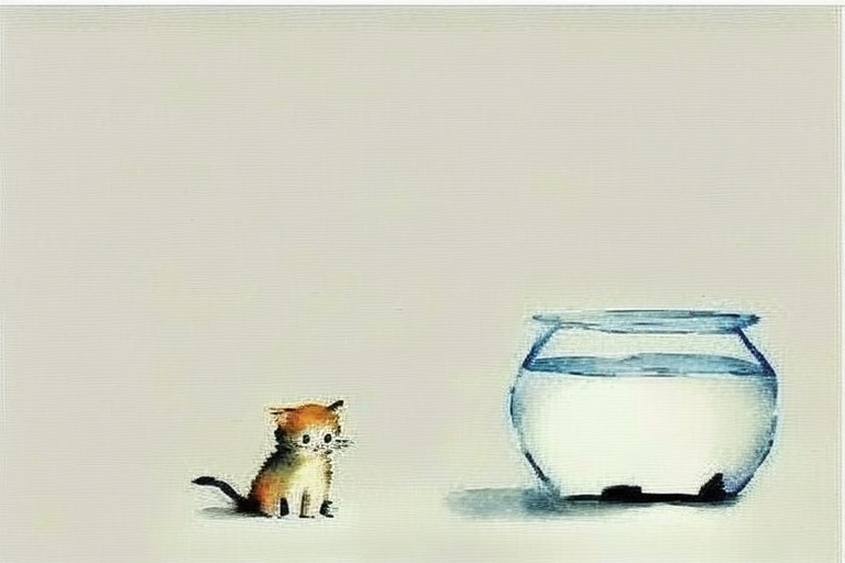 Minimalist watercolor painting of cat and goldfish bowl