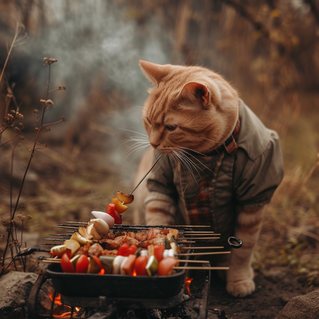 Cat Grilling Kebab in Nature