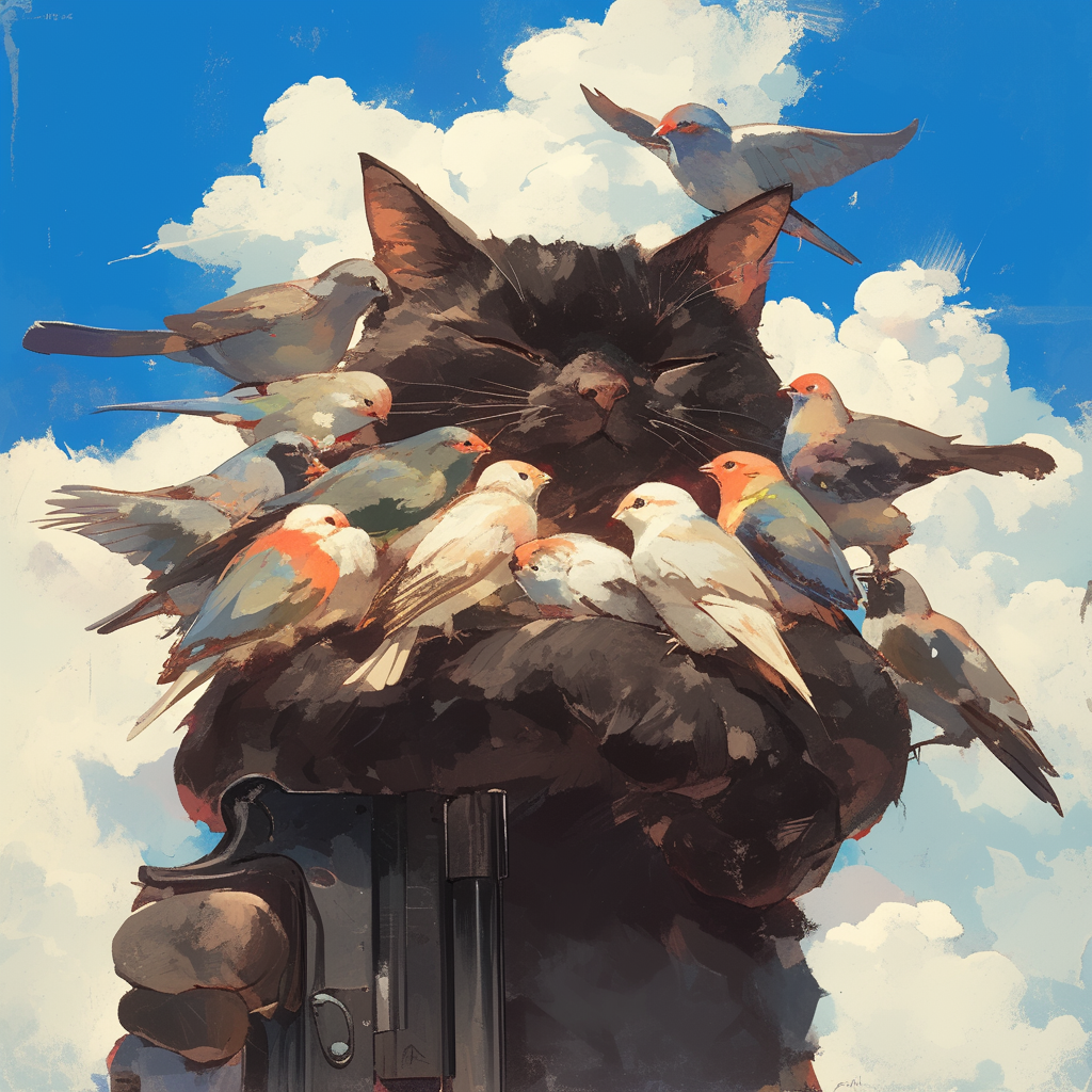 Cat Holding Gun Birds