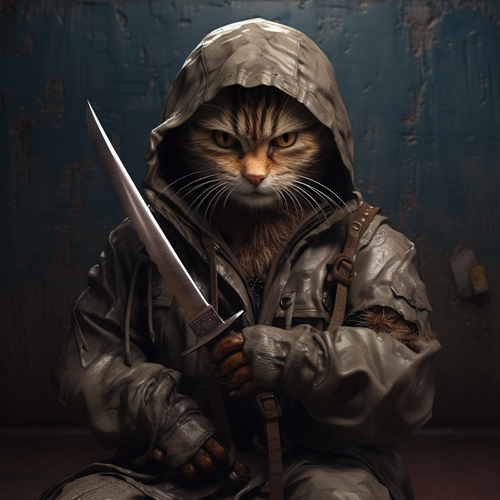 Cat holding knife in urban war camouflage