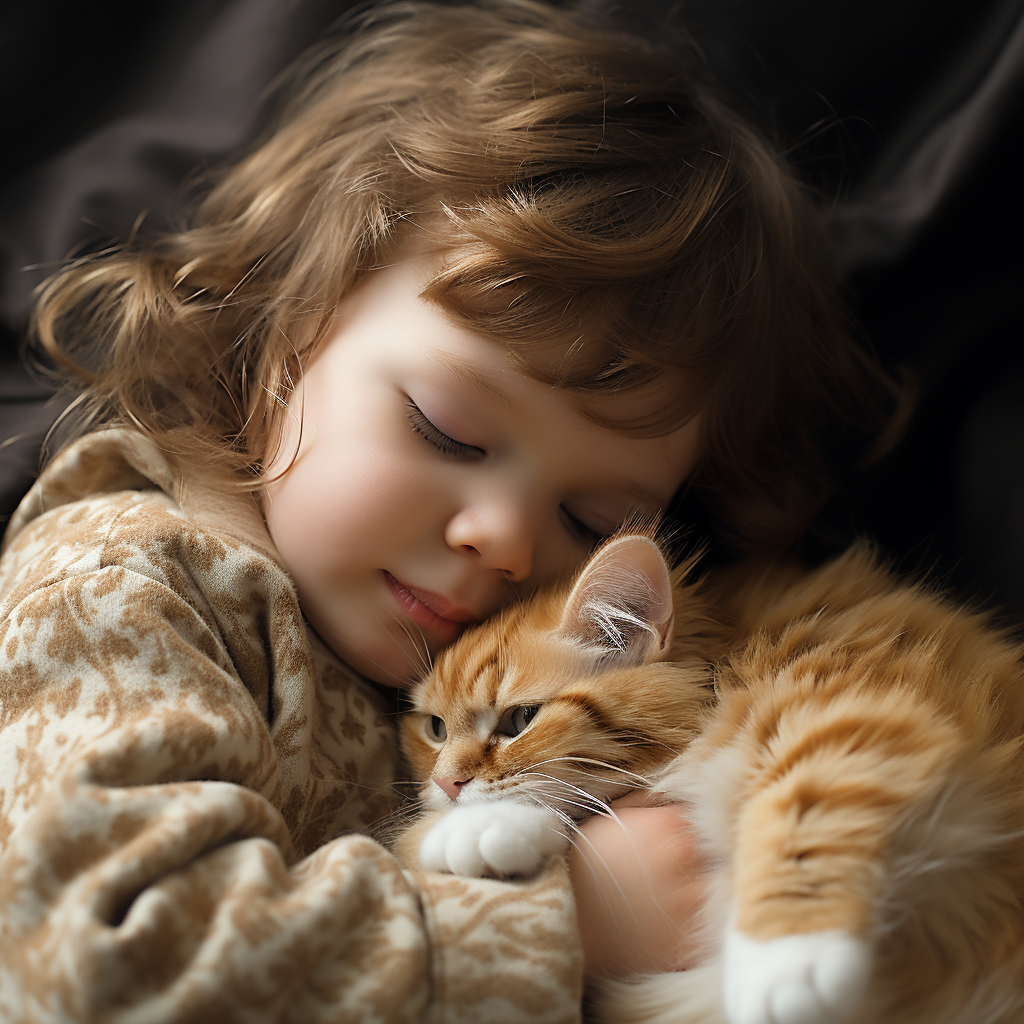 Cat hugging adorable little baby