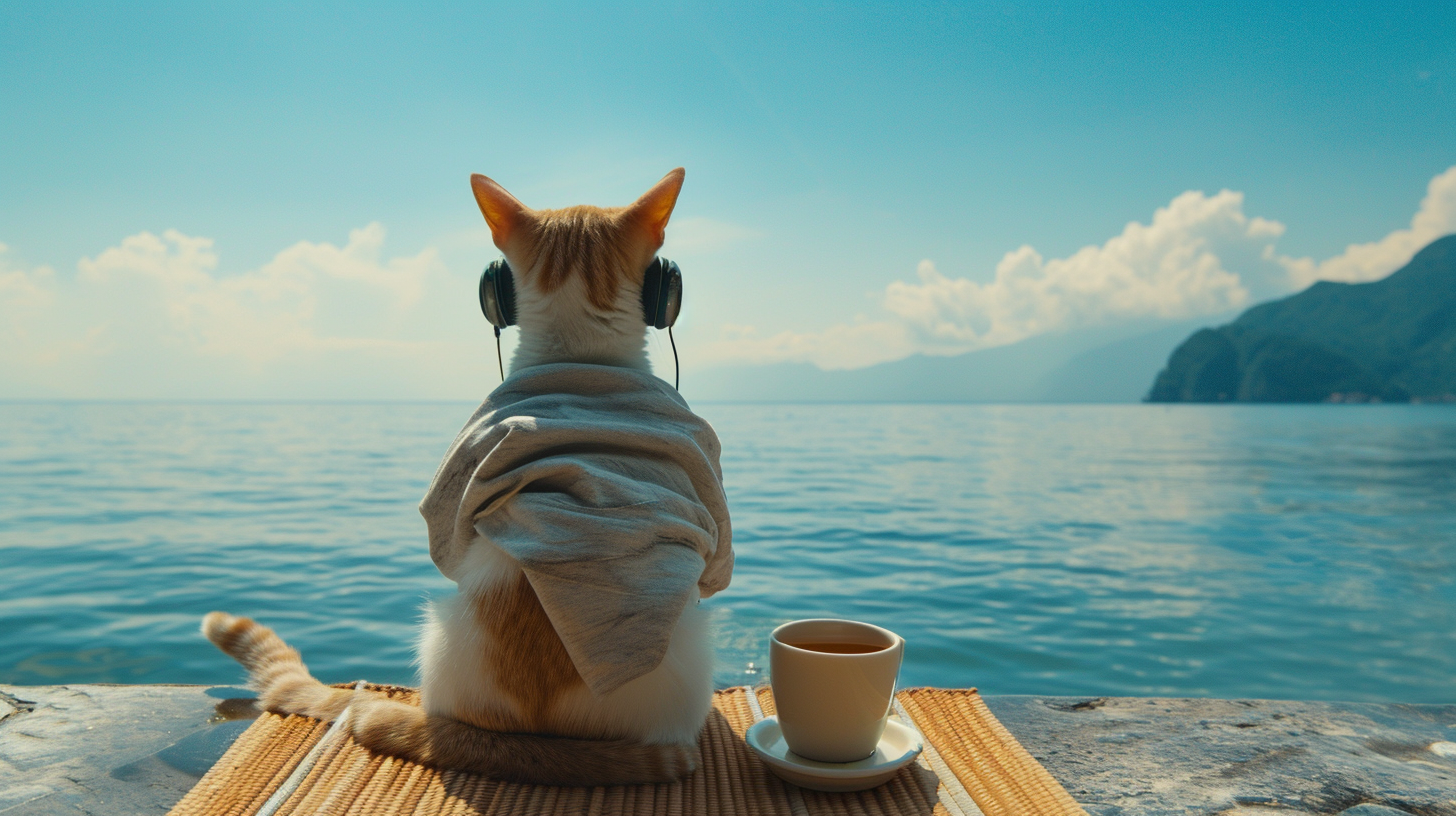 Cat wearing casual clothes and headphones by the sea