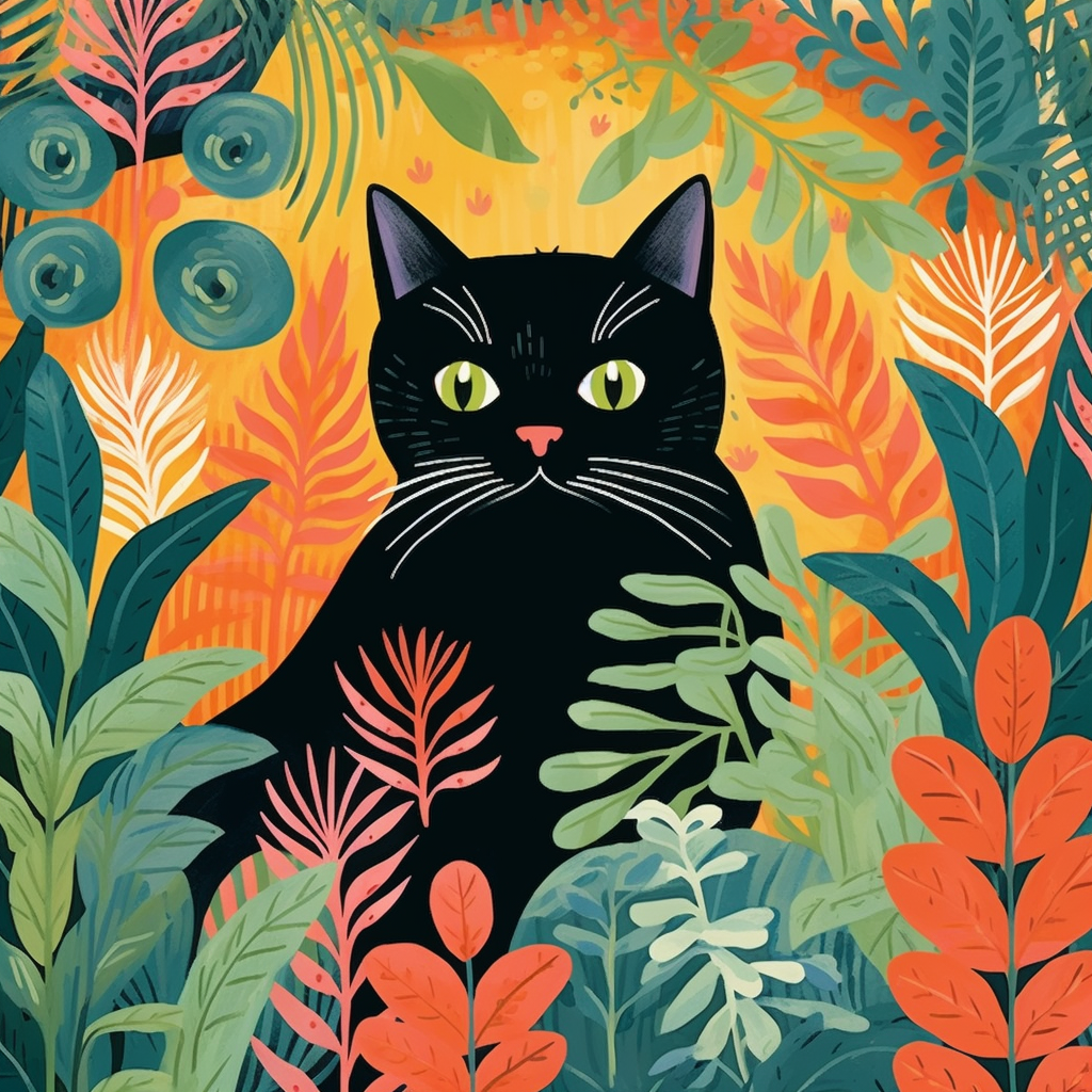 Cat in jungle botanical illustration