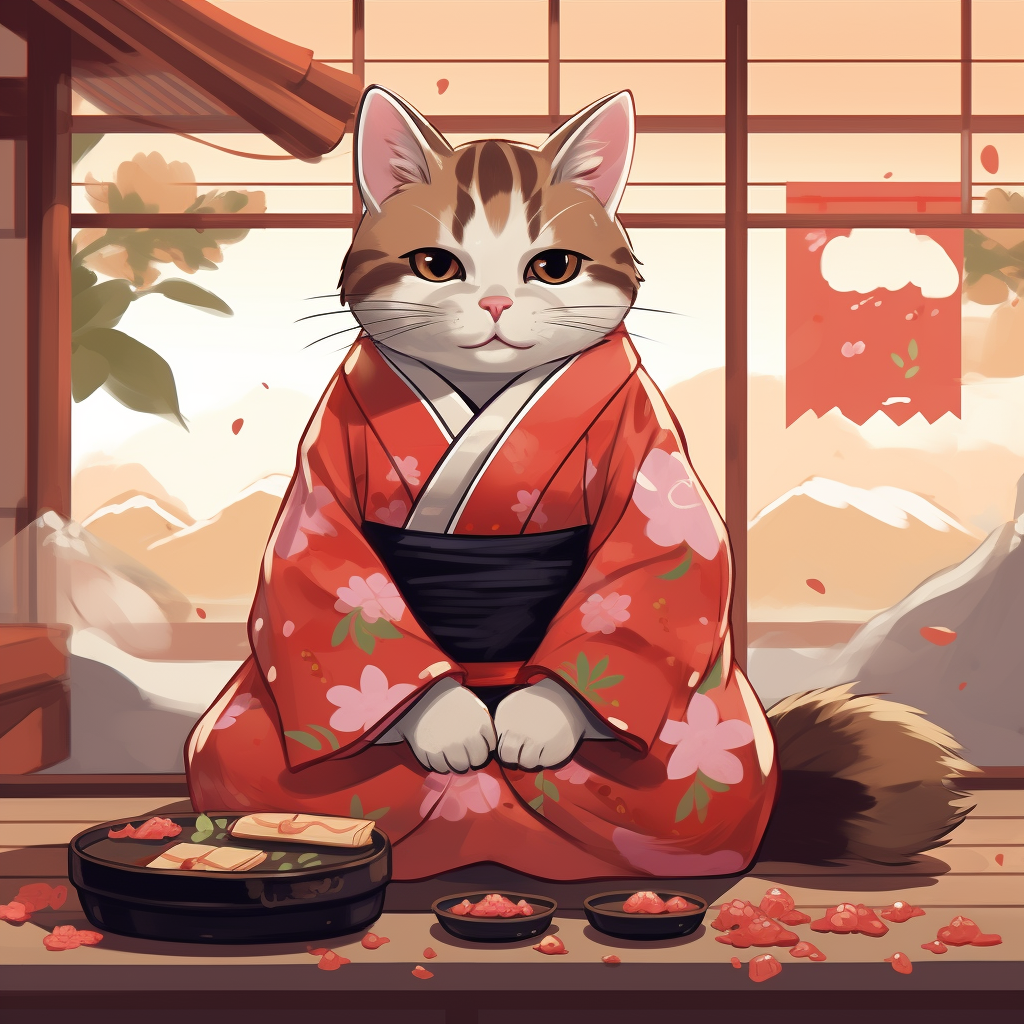 Cat in Kimono with Sushi Cartoon