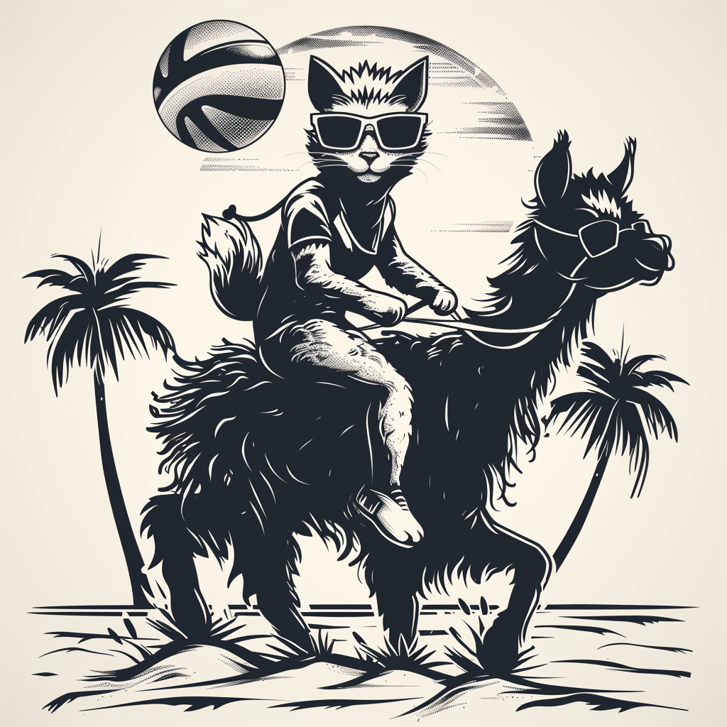 Cat riding llama sunglasses beach