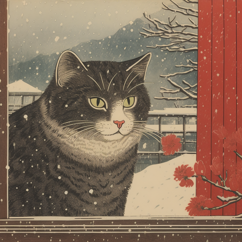 Cat looking out a window in Japanese woodblock print