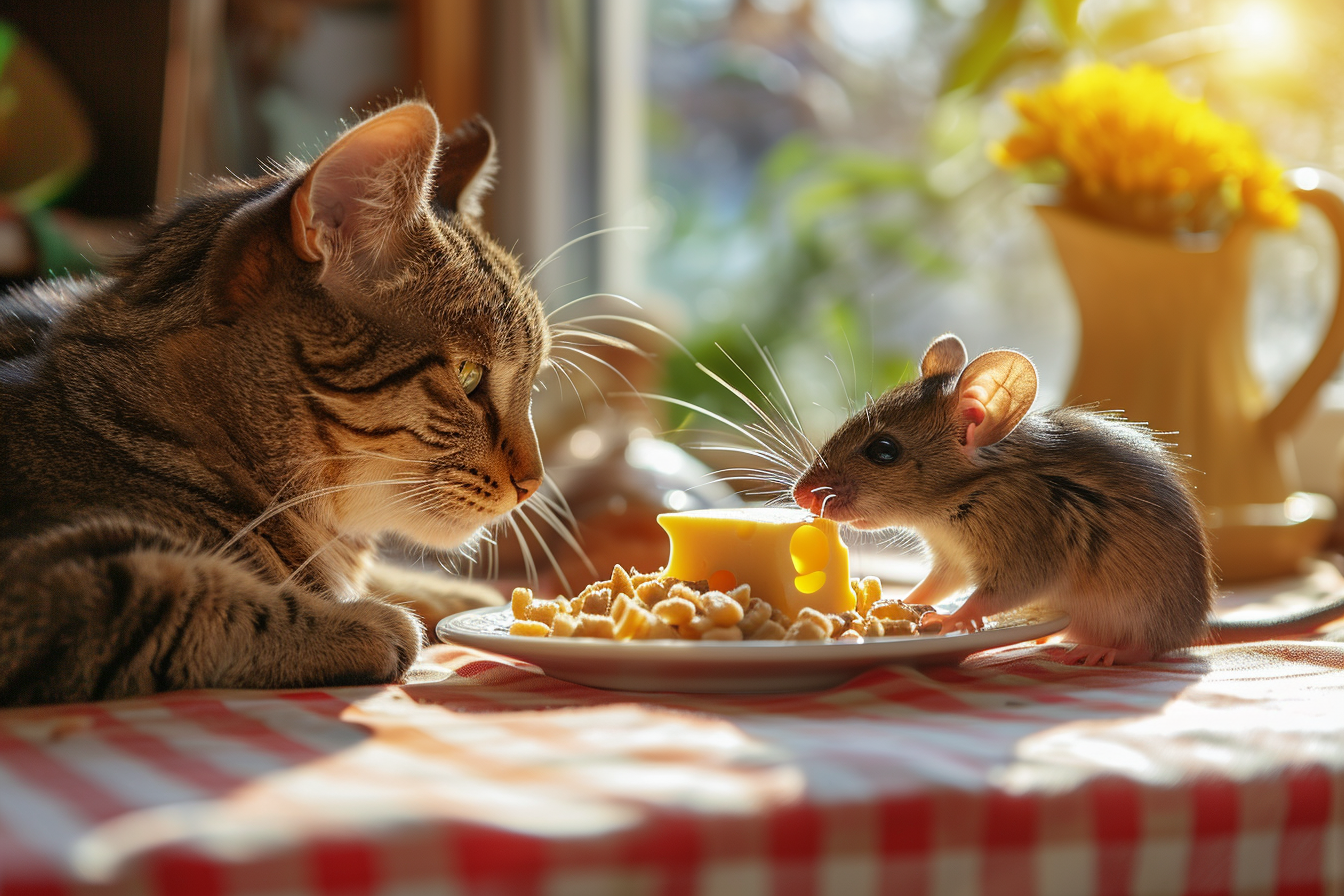 Cat and Mouse Eating Cheese on Kitchen Table