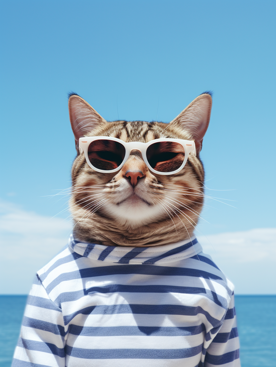 Cute cat in nautical striped T-shirt