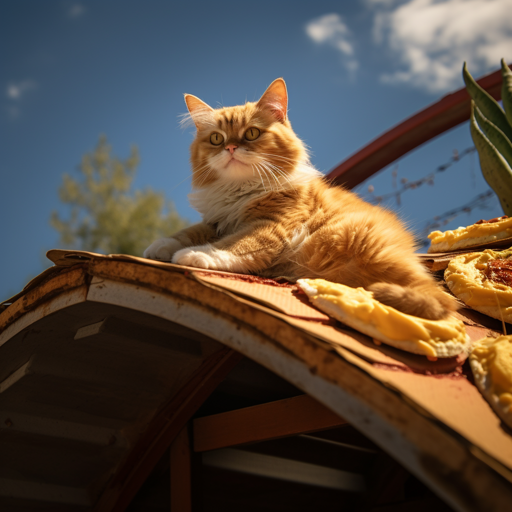 Playful cat on a taco roof