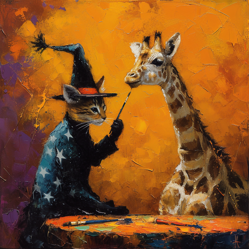 Artistic cat painting a giraffe