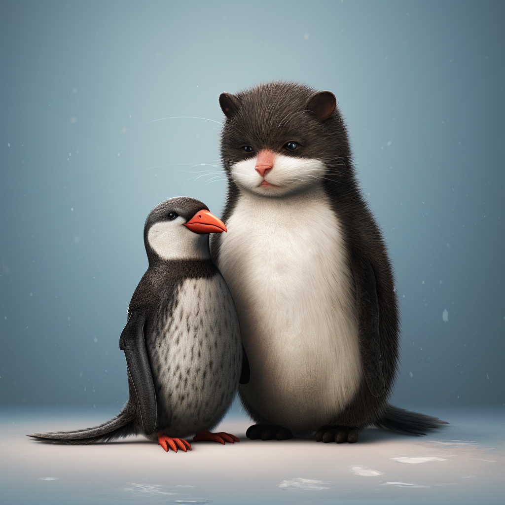 Adorable Cat and Penguin in Love