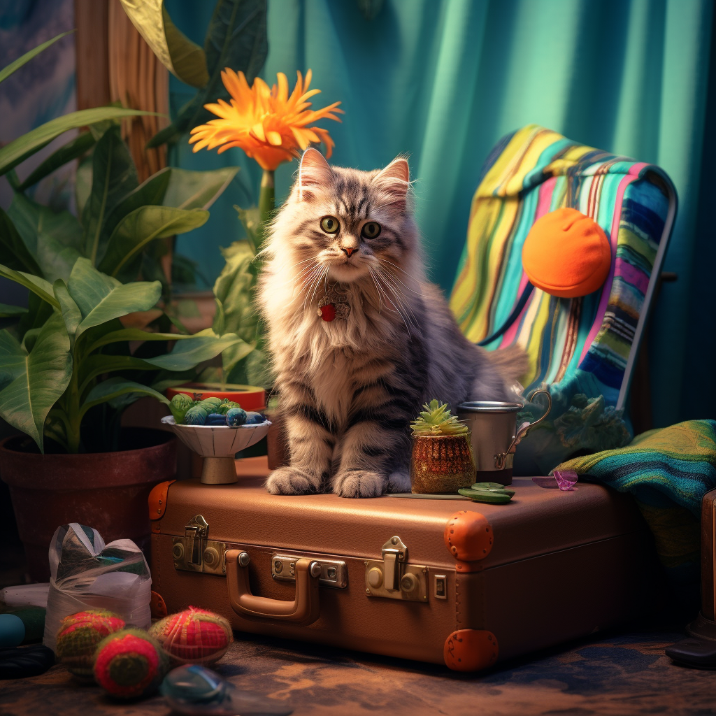 Cat playing with toys and luggage