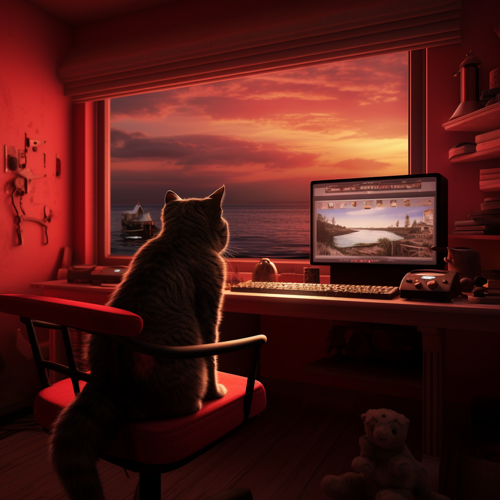 Cat playing video game in red room with sea view