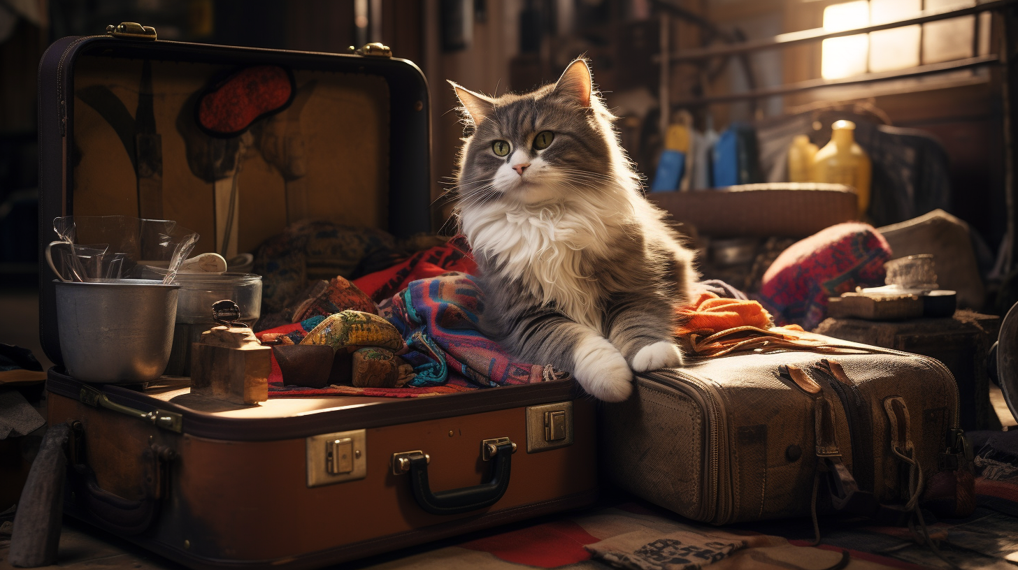 Cat playing with toys and luggage