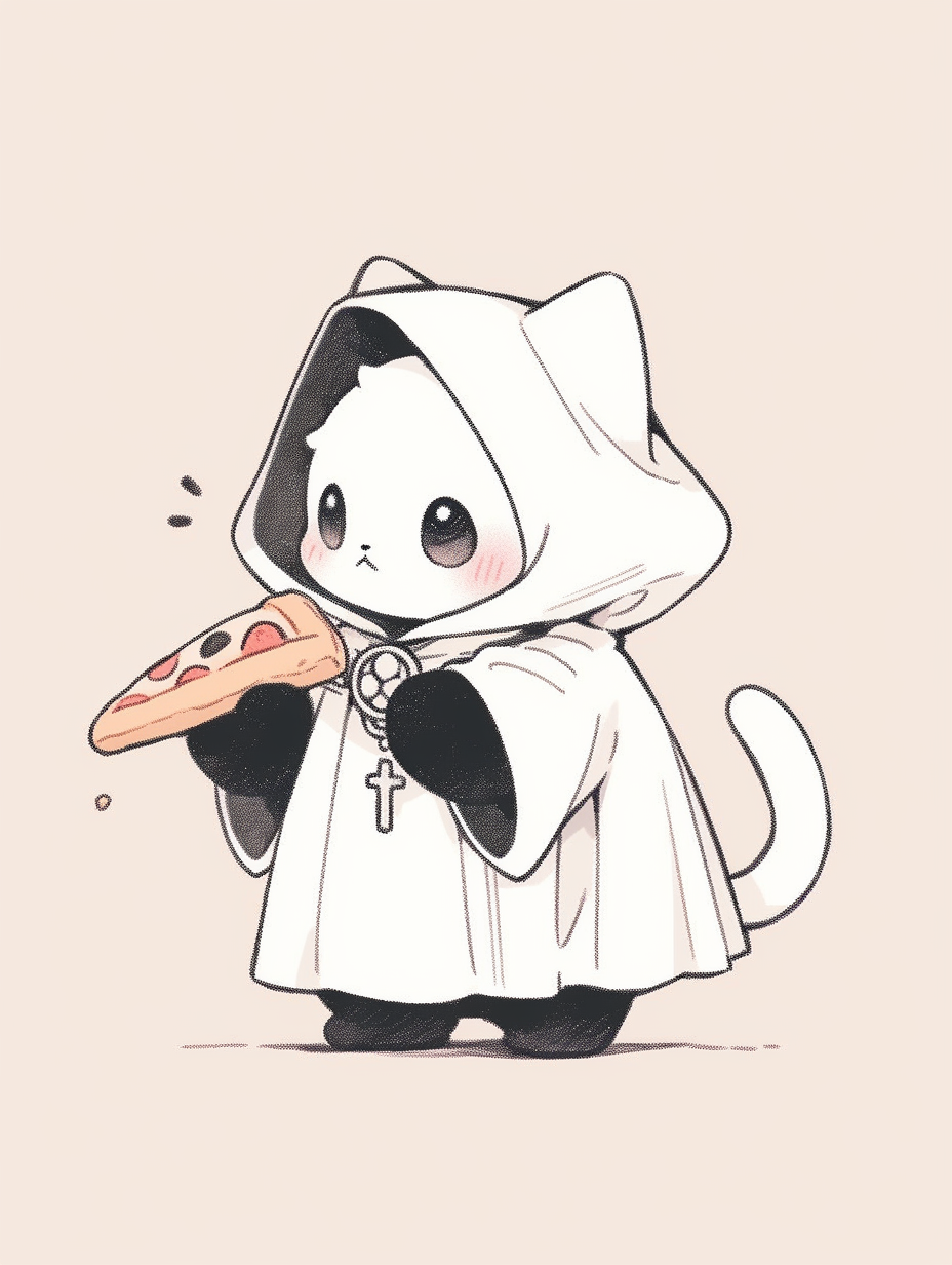 Cat priest holding slice of pepperoni pizza