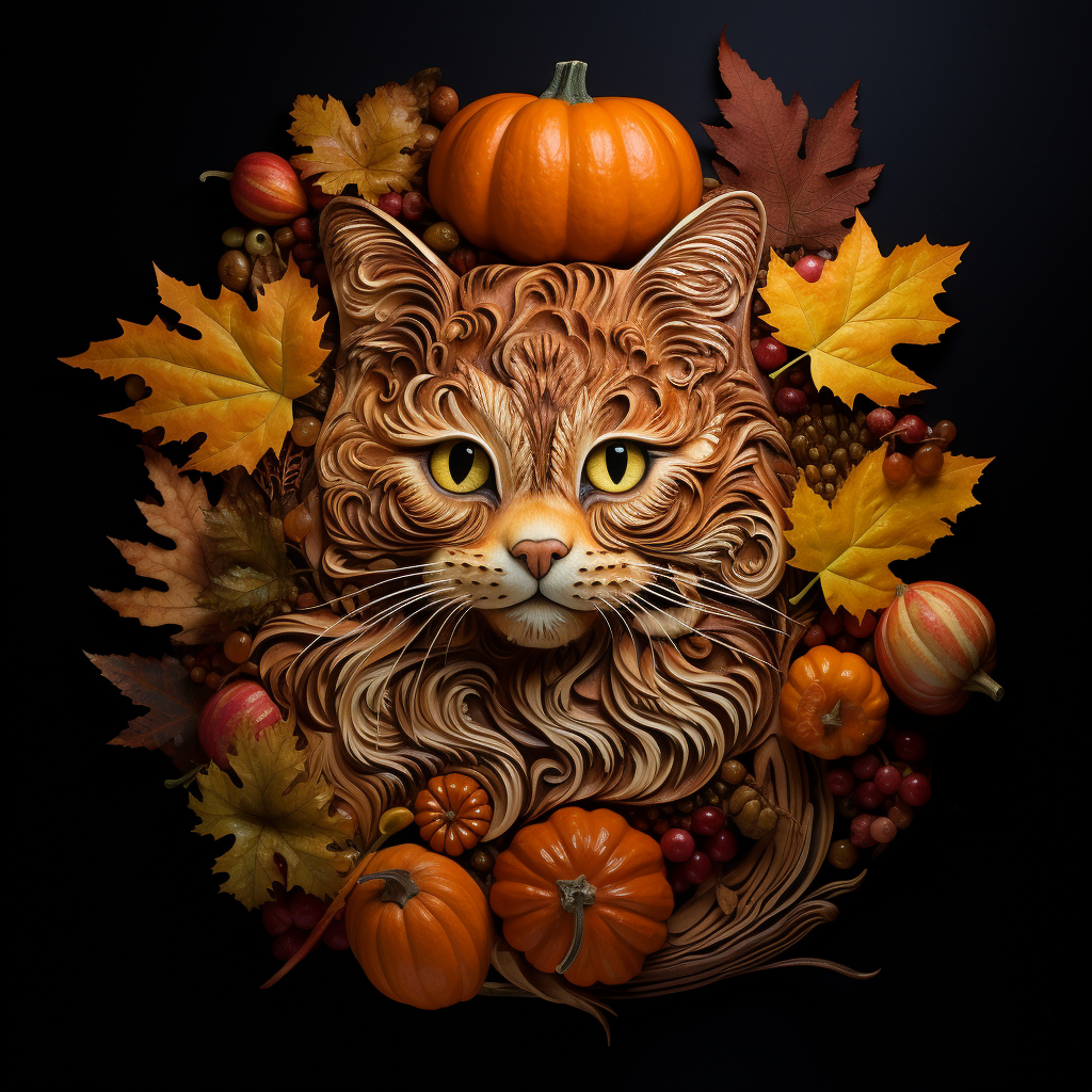 Cat blended into pumpkin surrounded by fall gourds and leaves