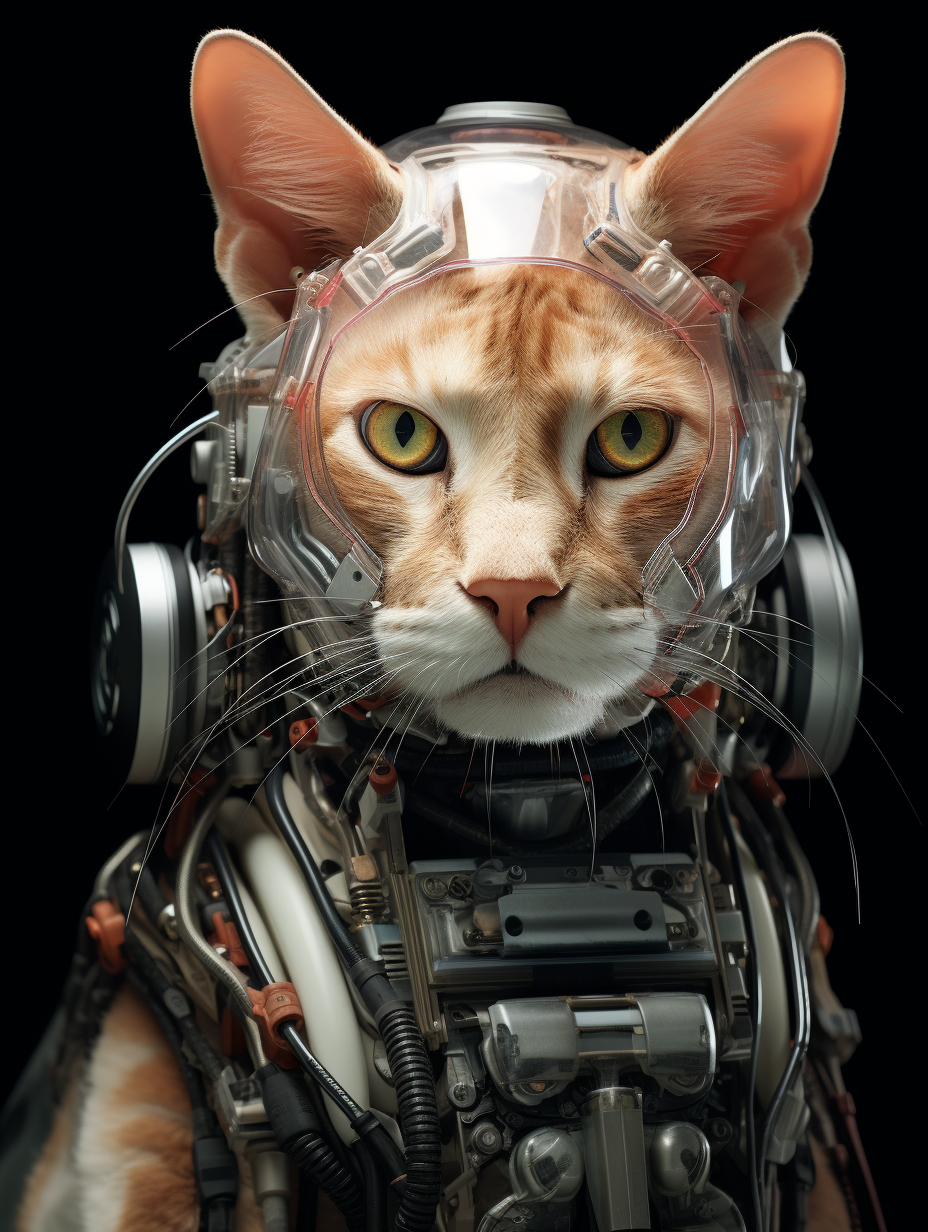 Detailed portrait of a cat robot with transparent skin