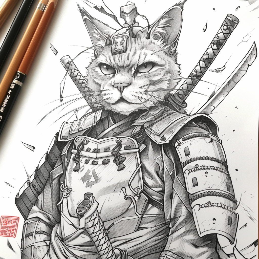 Black and white cat samurai tattoo sketch