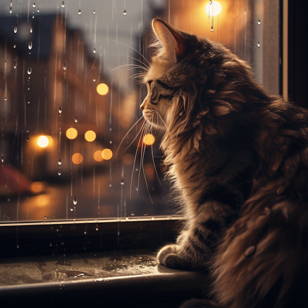 Cat sitting by the window watching rain