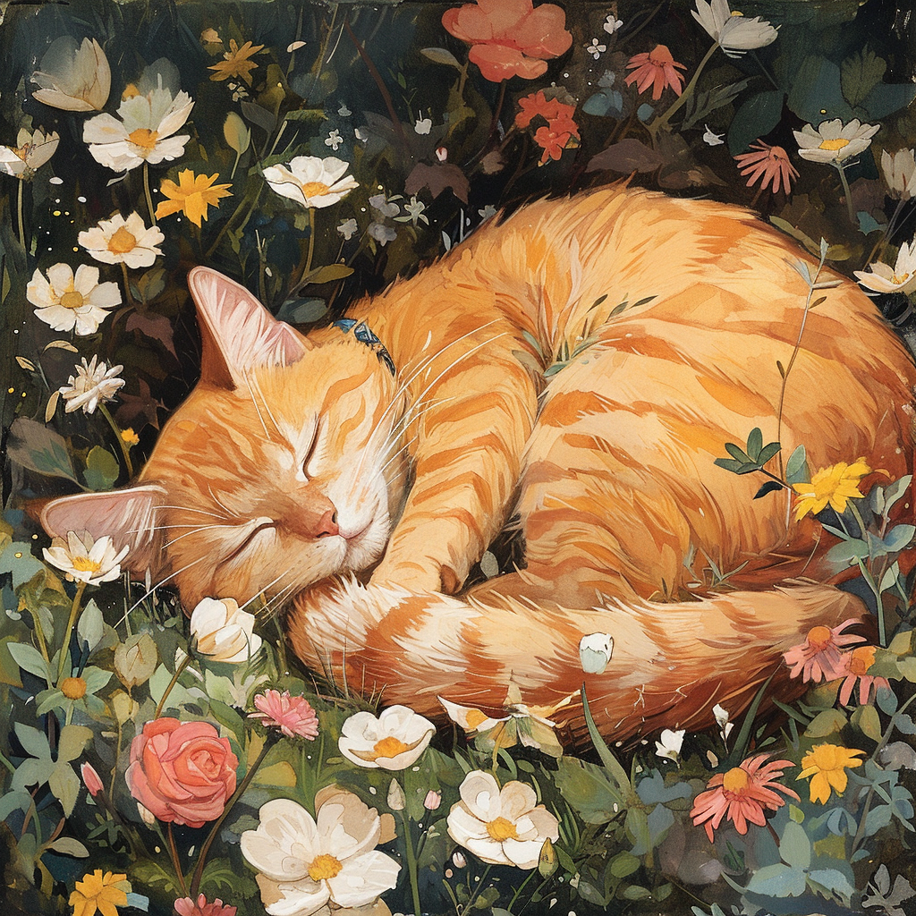 Soft orange cat sleeping in flower bed