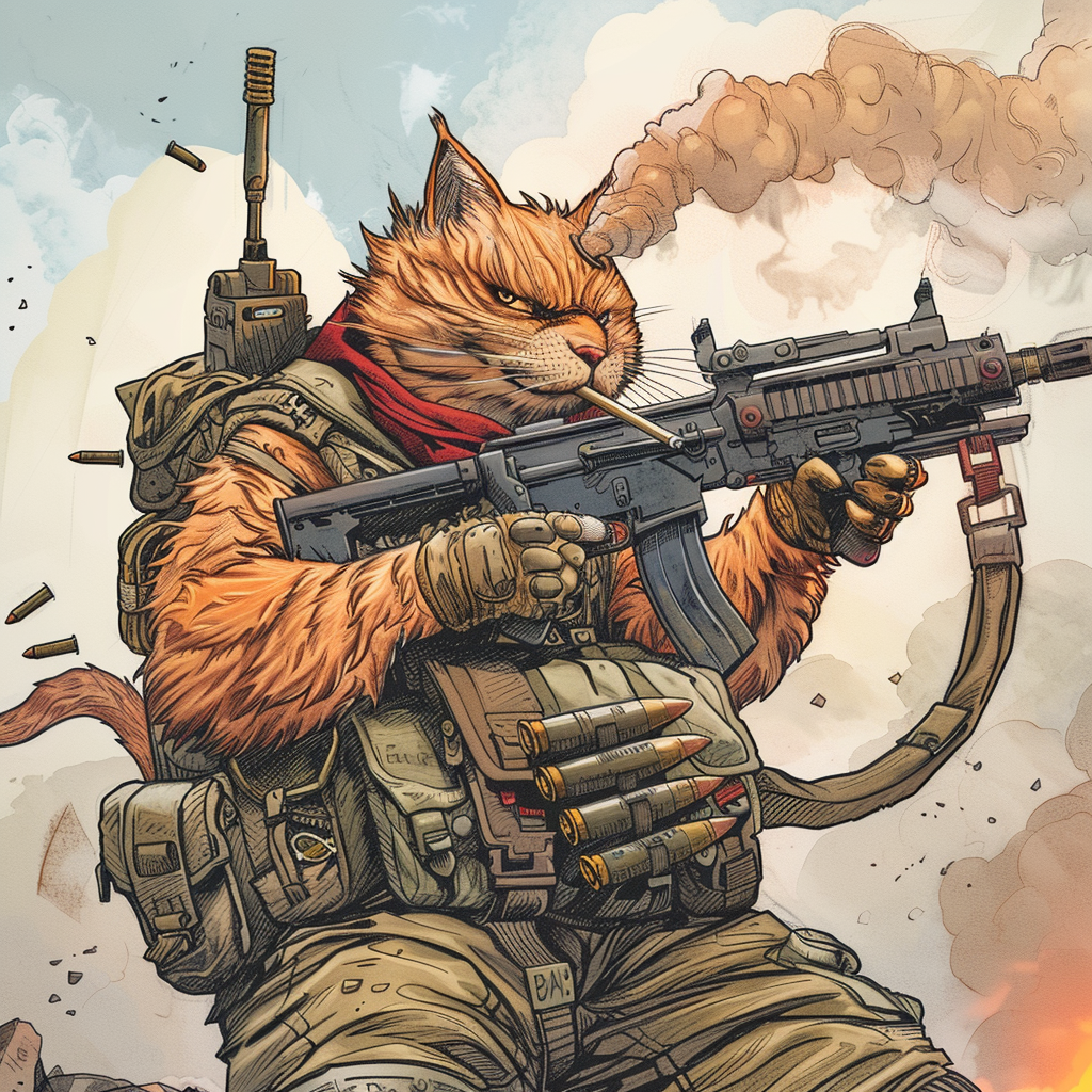 Cartoon cat soldier with machine gun