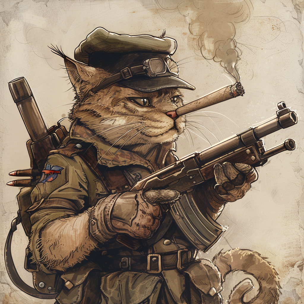 Cat soldier with machine gun