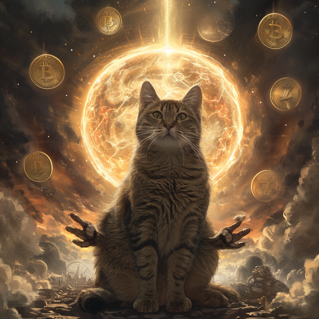 Cat summoning life with paws and Bitcoin