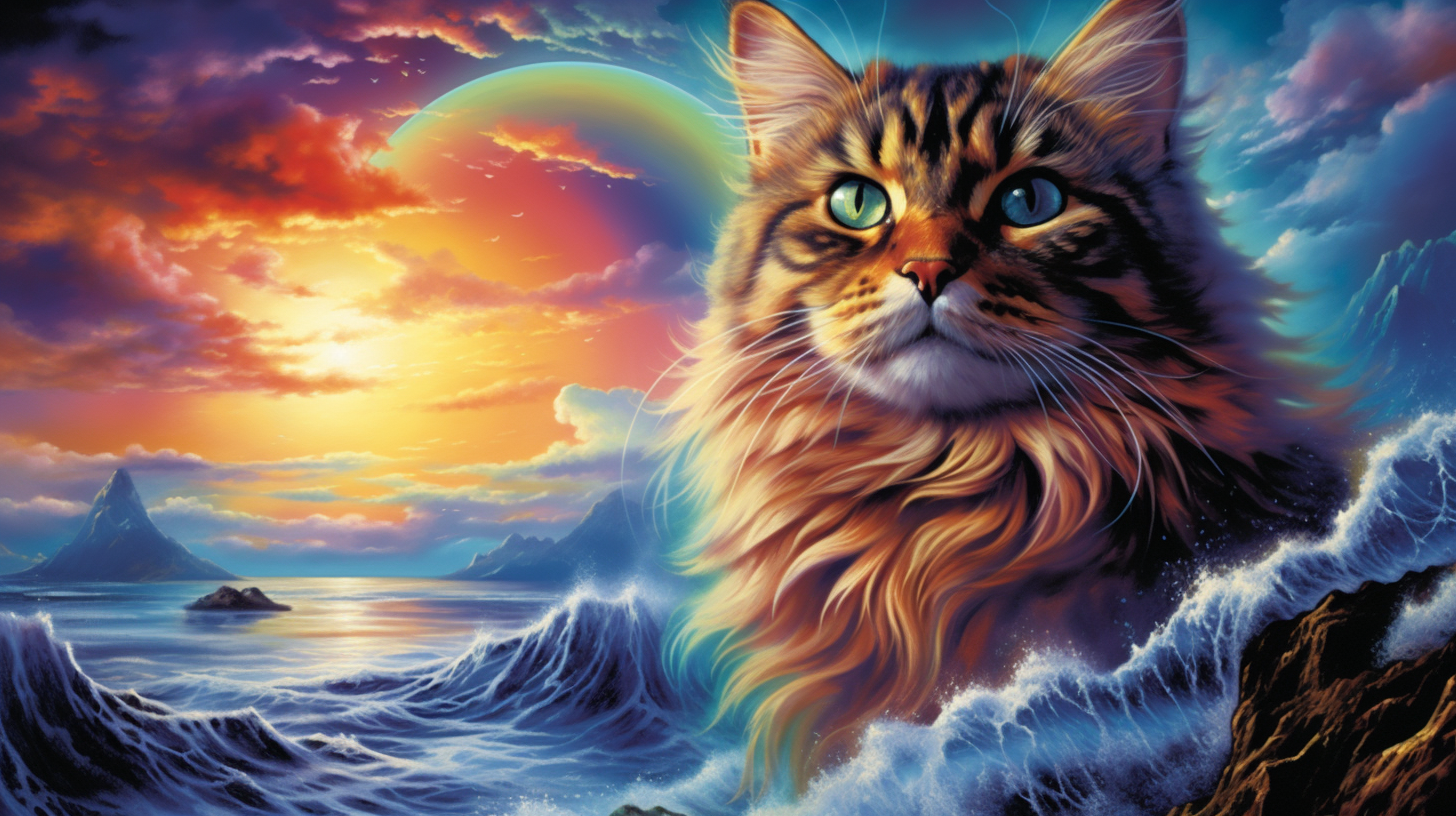 Cat swimming in majestic seas with starry sky, rainbow, moon