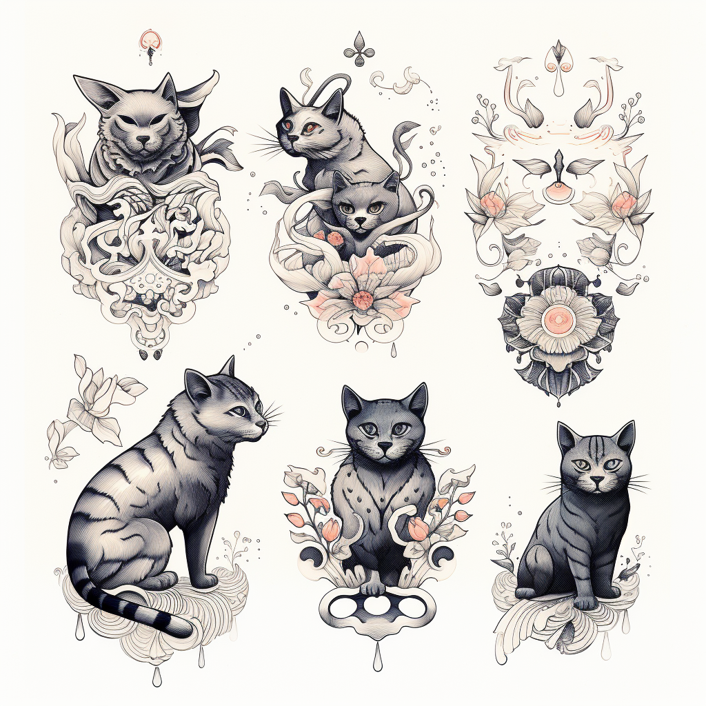 Sketches of cats in tattoo style