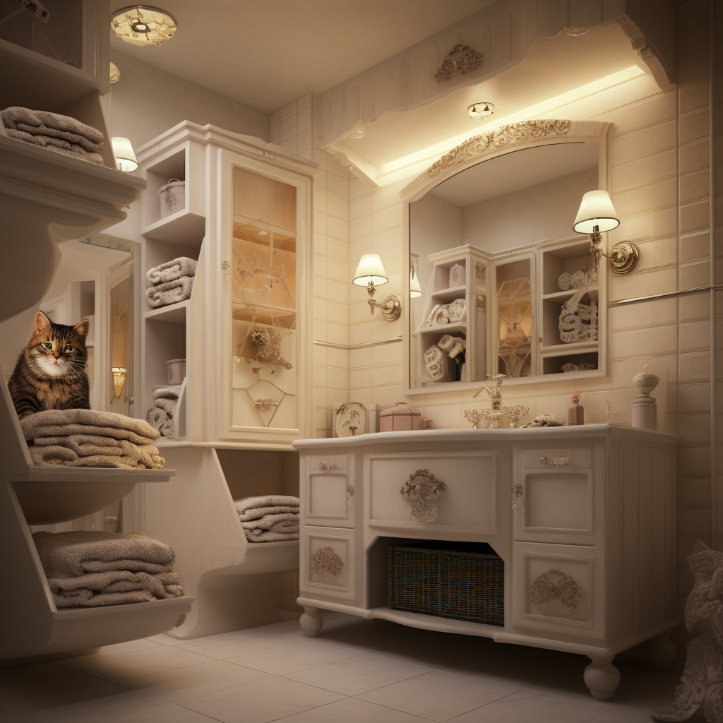 Cat-themed bathroom design with cabinets, tile, and walls