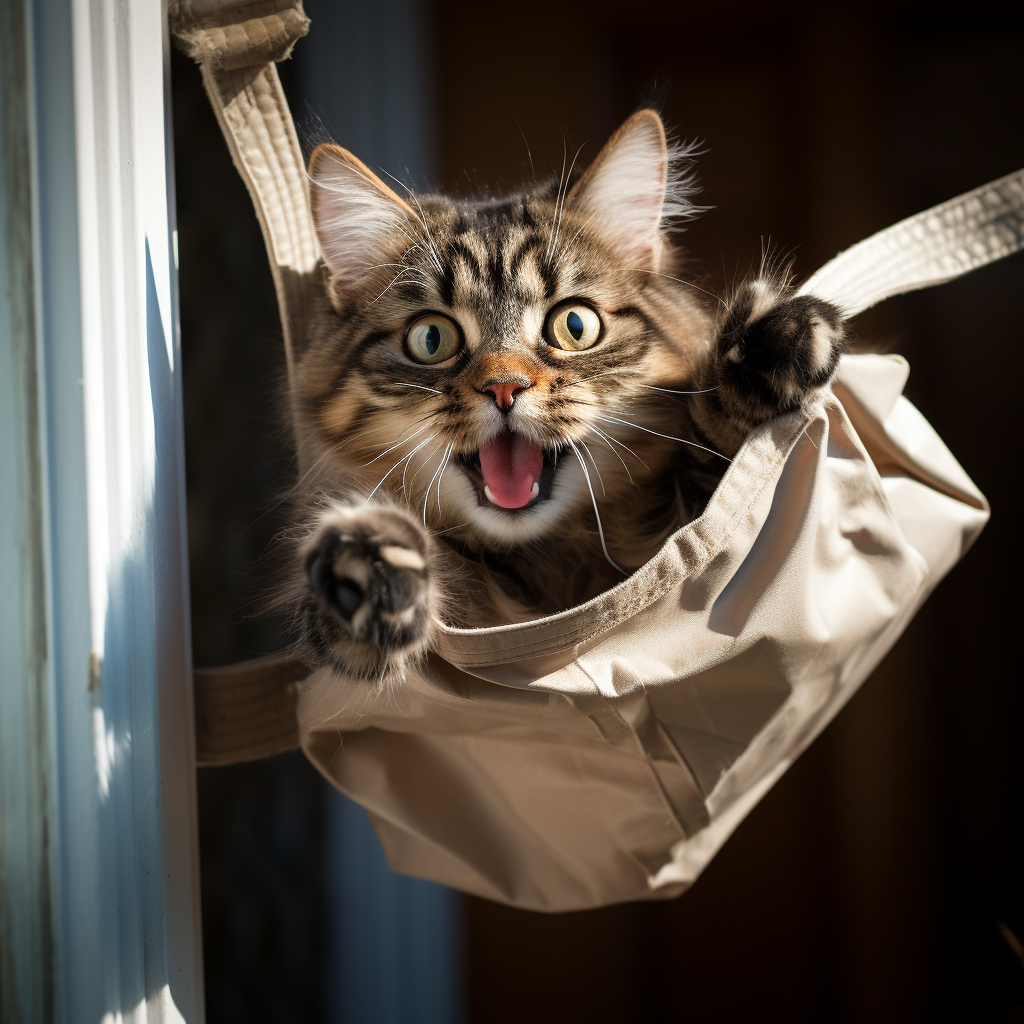 Cat thief with bag of treasure jumping from window