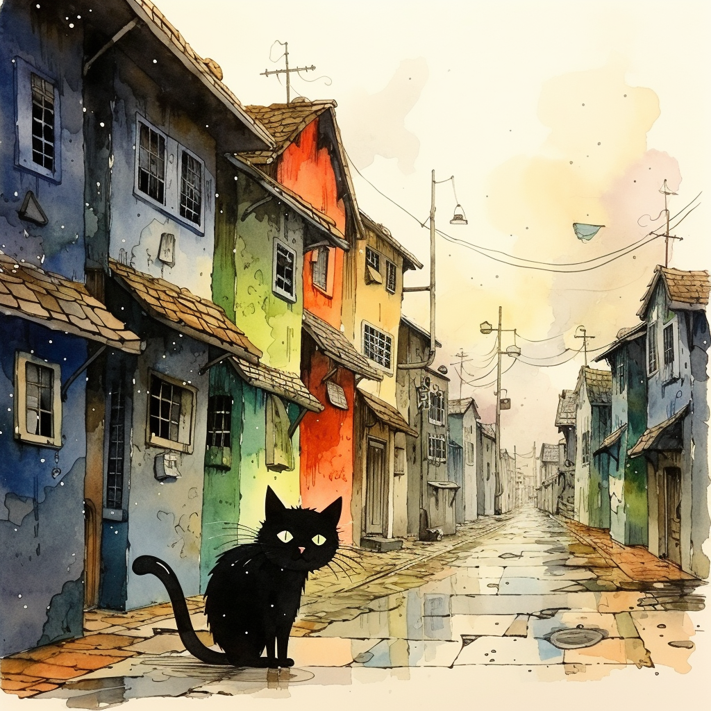 Cat walking in Studio Ghibli watercolors