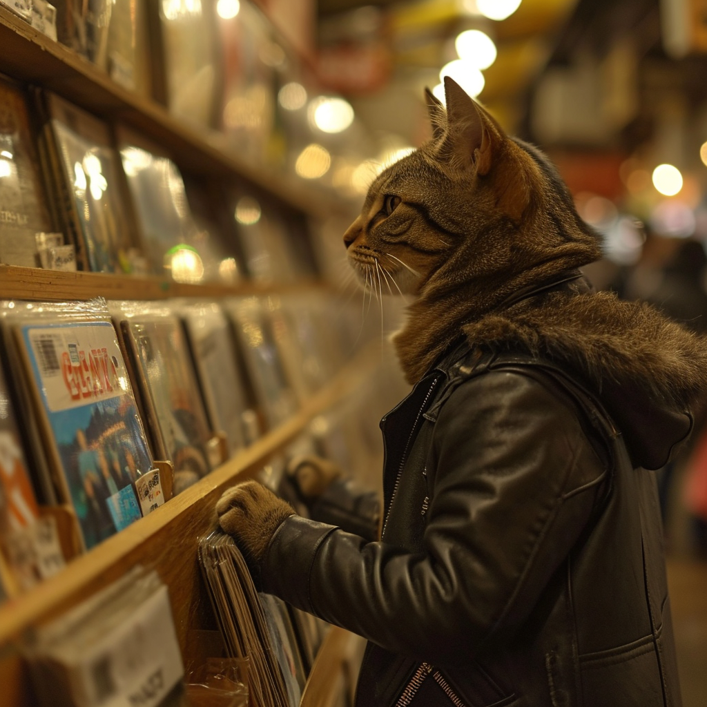 cat wearing leather coat shopping