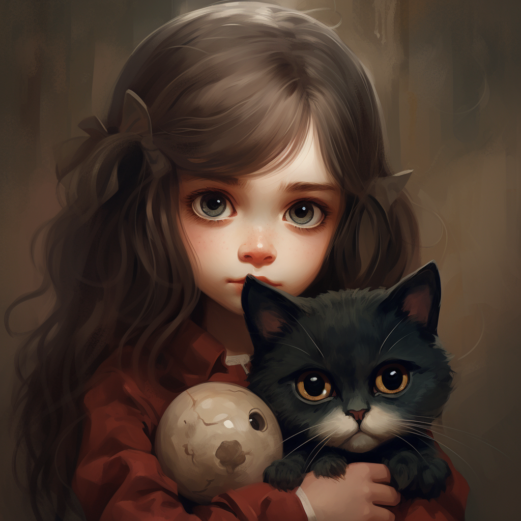 Cute cat with big eyes being pondered by a girl