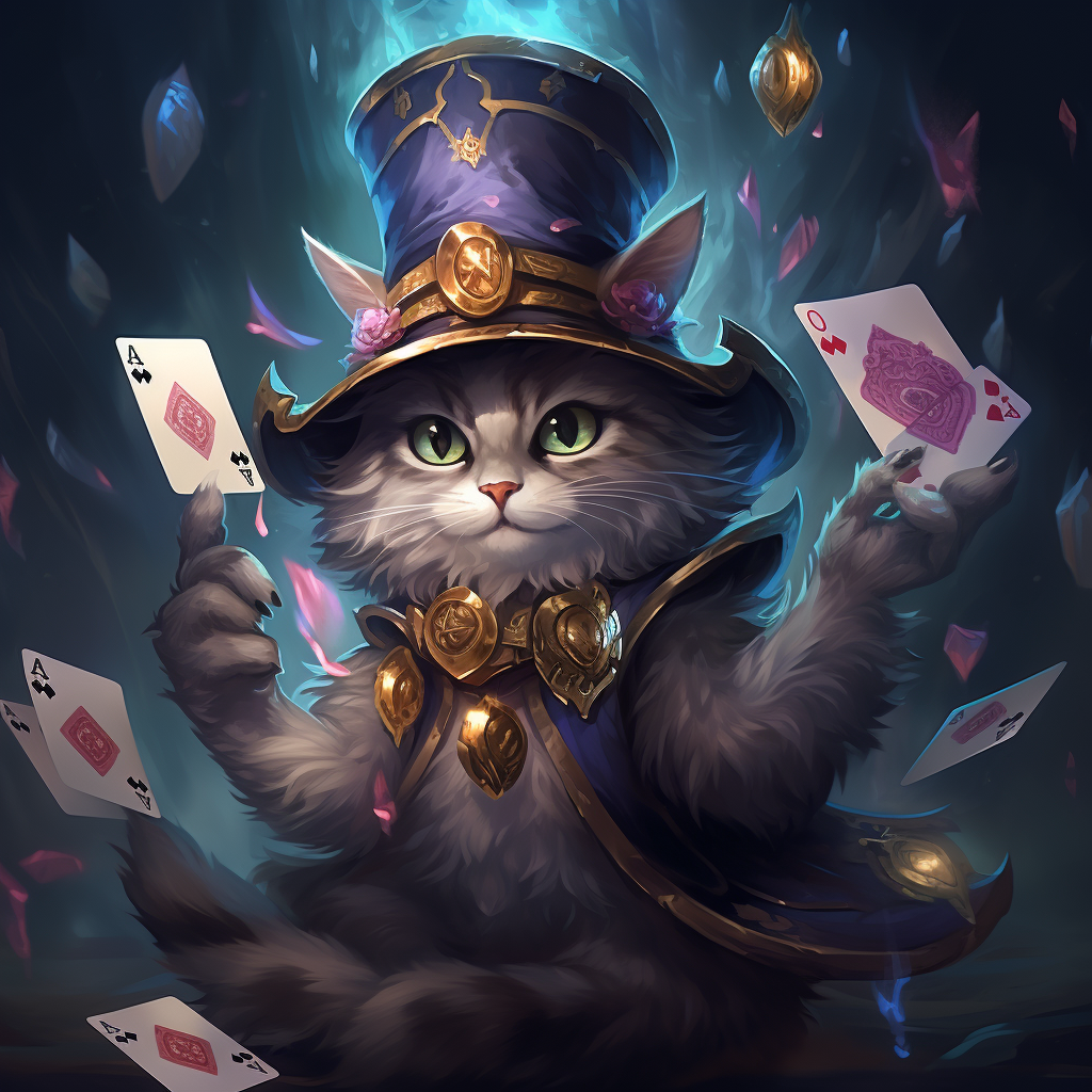 Magical cat wearing wizard hat throwing cards