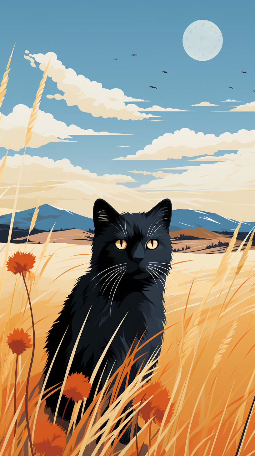 Minimal Illustration of Cat in Wheat Field