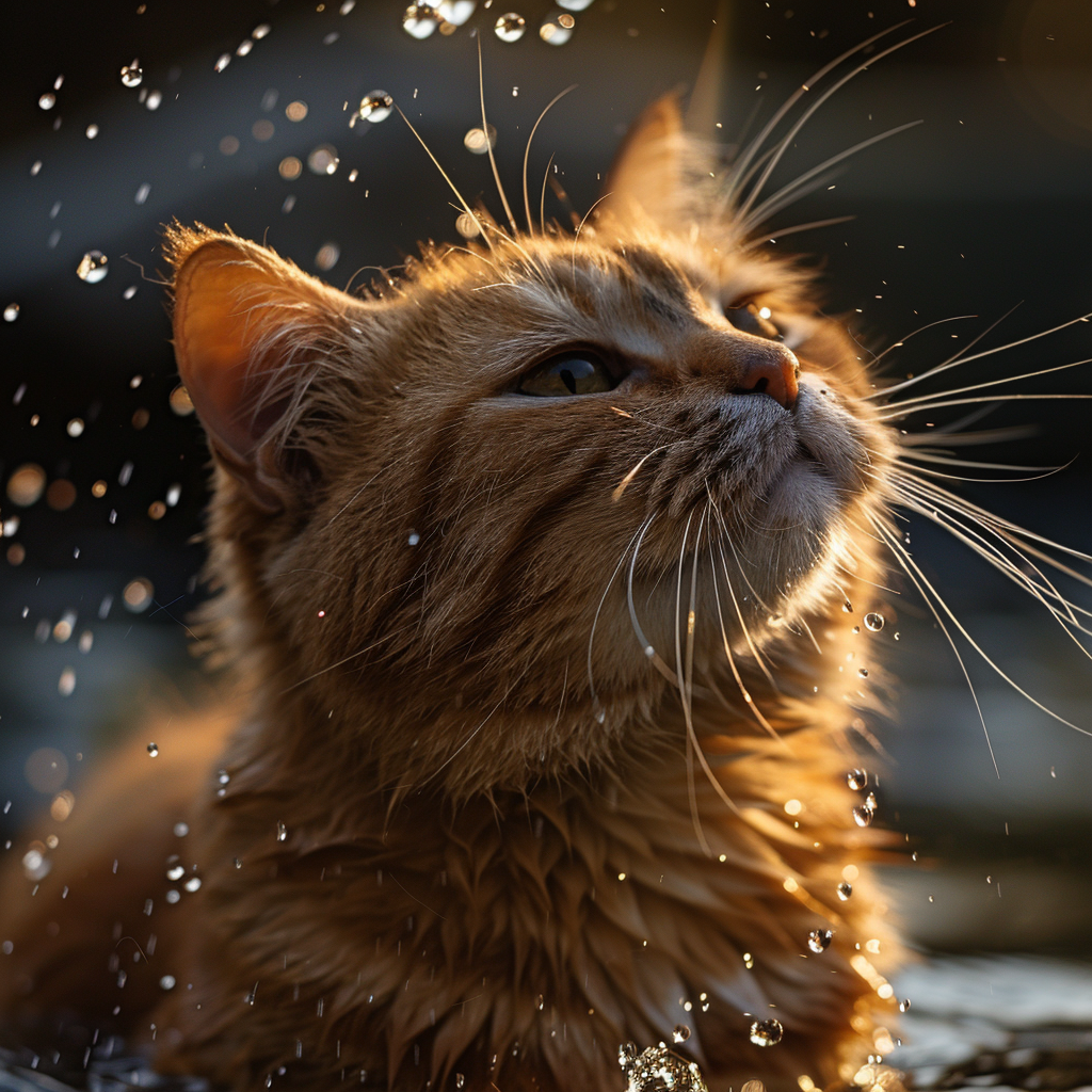 Cat drinking water with catnip spray