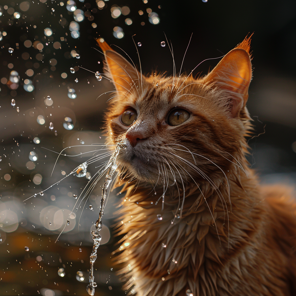 Domestic cat drinking water spray