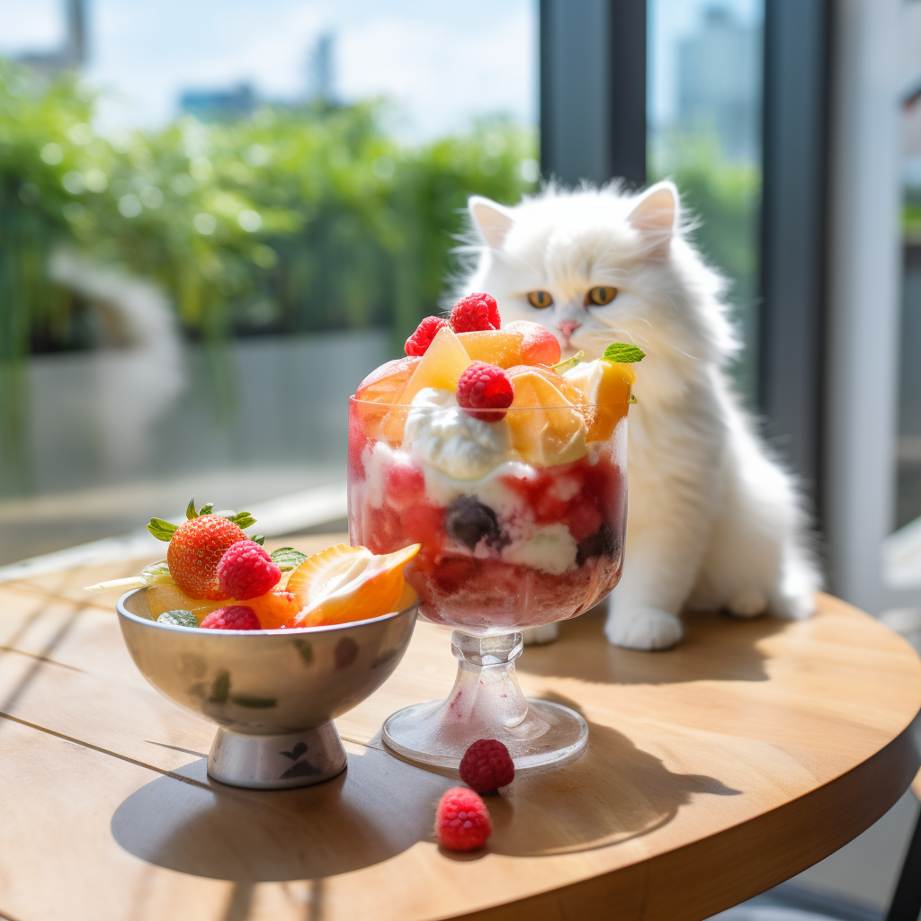 Cat enjoying fruit patbingsu on glass table on patio